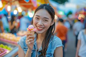 ai gerado lindo ásia mulher comendo gelo creme dentro Comida festival foto