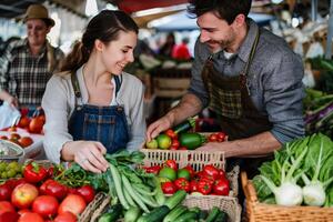 ai gerado casal Comprar vegetal dentro mercado foto