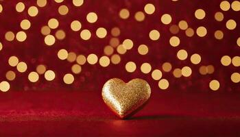 amor, coração, celebração. coração em texturizado superfície abaixo, suave foco dourado luzes crio bokeh dentro fundo. celebração cartão ou romântico eventos convite. namorados dia foto
