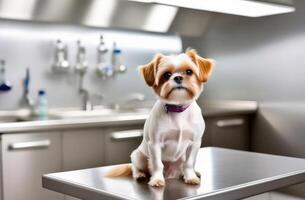 ai gerado pequeno cachorro é sentado em inoxidável veterinário exame mesa dentro veterinario clínica gabinete com borrado fundo, livre espaço para texto foto