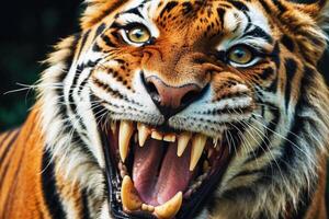 ai gerado fechar-se retrato do tigre com Largo cheio de dentes sorrir olhando às Câmera. exala confiança e poder, animais selvagens fotografia, com tema animal desenhos, força e ferocidade dentro marketing campanhas foto