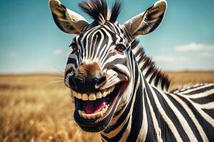 ai gerado sorridente zebra com Largo cheio de dentes sorriso, parece às Câmera. brincalhão charme para crianças livros, educacional materiais, com tema de vida selvagem, humorístico, publicidade campanhas com a animal tema foto