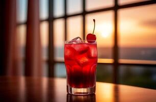 ai gerado vidro do sonolento menina mocktail, em pano de fundo do aberto cortina, tarde luz, acolhedor tarde atmosfera, borrado fundo. beber a partir de cereja suco, magnésio pó e não alcoólico refrigerante foto