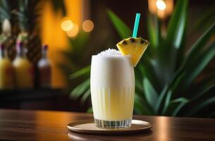 ai gerado pina colada coquetel com rum, coco abacaxi, em de madeira mesa, dramático Difícil iluminação. essência do tropical férias, gosto do paraíso. ideal para viagem brochuras, coquetel cardápios foto