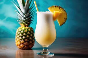 ai gerado pina colada coquetel com rum, coco abacaxi, em de madeira mesa, dramático Difícil iluminação. essência do tropical férias, gosto do paraíso. ideal para viagem brochuras, coquetel cardápios foto