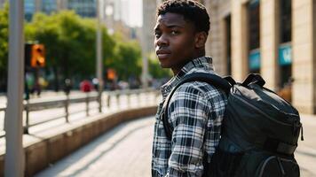 ai gerado Preto jovem homem dentro roupa de esporte carregando mochila fodendo em ruas do cidade, ensolarado verão dia. determinação, fitness, urbano exploração, ao ar livre Atividades, ginástica engrenagem, cidade estilo de vida foto