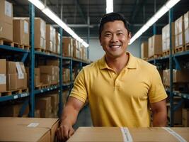 ai gerado ásia homem dentro amarelo camisa em pé de mesa dentro Entrega serviço armazém, sorridente às Câmera. ilustra diversidade e profissionalismo dentro Entrega serviço trabalhadores. foto