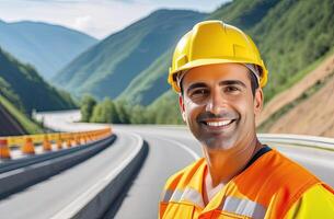 ai gerado retrato do bem sucedido meio era ásia homem Civil engenheiro em borrado fundo do a Novo montanha autoestrada, olhando às Câmera. confiante Gerente vestindo amarelo capacete e segurança colete. foto