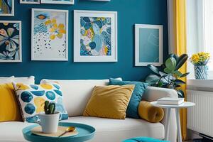 uma acolhedor e à moda vivo quarto com moderno decoração dentro amarelo e azul cores foto