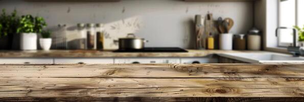 rústico de madeira de mesa com borrado cozinha pano de fundo foto