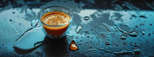 café dentro vidro copo em molhado superfície foto
