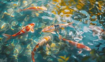 uma grupo do colorida koi peixe natação dentro uma tranquilo lagoa foto