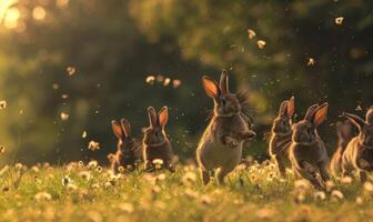 uma grupo do coelhos saltitar através uma campo foto