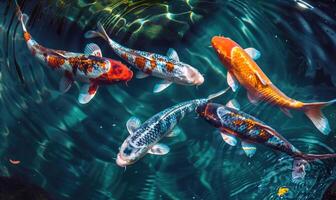 uma grupo do colorida koi peixe natação dentro uma tranquilo lagoa foto