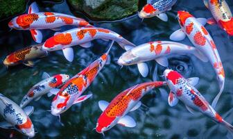 uma grupo do colorida koi peixe natação dentro uma tranquilo lagoa foto