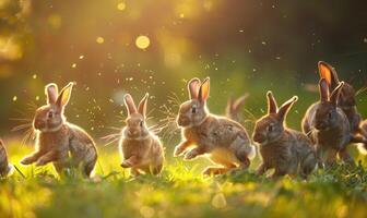 uma grupo do coelhos saltitar através uma campo foto