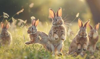 uma grupo do coelhos saltitar através uma campo foto