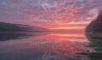 brilhante nascer do sol sobre a lago, nuvens refletido dentro água superfície foto