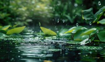 pingos de chuva queda para dentro uma tranquilo lagoa cercado de exuberante vegetação foto