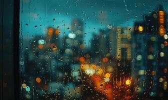 uma encharcado de chuva vidraça com borrado cidade luzes dentro a fundo foto