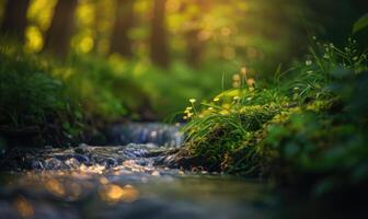 fechar-se Visão do verde Relva e vidas perto a corrente dentro Primavera floresta foto