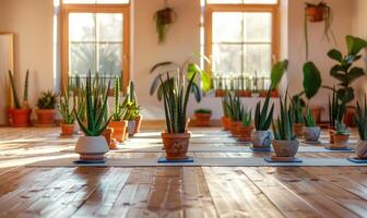 uma sereno ioga estúdio adornado com em vaso aloés vera plantas foto