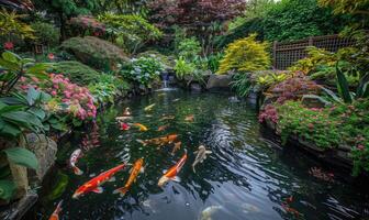 uma tranquilo koi lagoa cercado de exuberante vegetação e florescendo flores foto