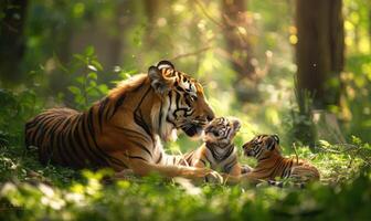 siberian tigre com filhotes dentro a floresta foto