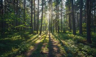 uma tranquilo pinho floresta, com luz solar filtrando através a denso marquise foto