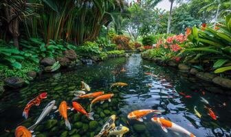 uma tranquilo koi lagoa cercado de exuberante vegetação e florescendo flores foto