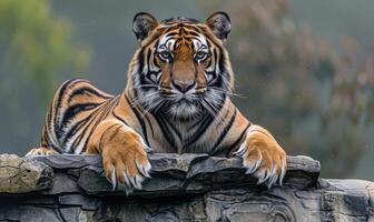 uma malayan tigre empoleirado em uma rochoso borda foto