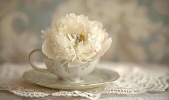 uma peônia flor dentro uma vintage xícara de chá, fechar-se Visão foto