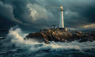 uma farol em pé alta contra a pano de fundo do uma tormentoso oceano foto