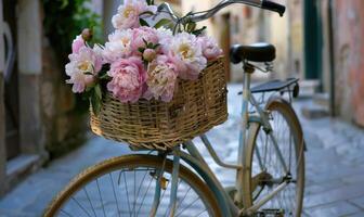 uma vintage bicicleta adornado com peônia flores dentro uma cesta foto