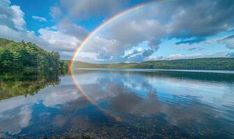 uma vibrante arco Iris alongamento através a céu depois de uma passagem chuva chuveiro foto