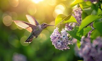 uma lilás flor ser visitou de uma beija Flor foto