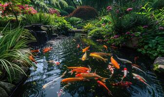 uma tranquilo koi lagoa cercado de exuberante vegetação e florescendo flores foto