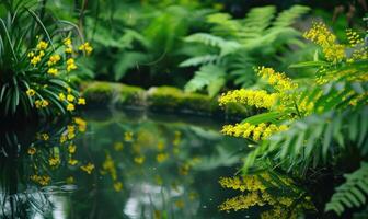 uma tranquilo lagoa cercado de exuberante vegetação foto