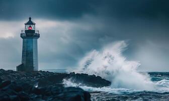 uma farol em pé alta contra a pano de fundo do uma tormentoso oceano foto