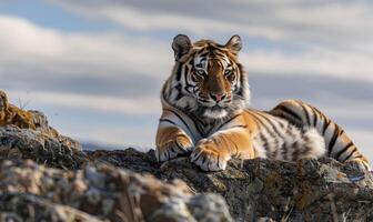 siberian tigre descansando regiamente em uma rochoso afloramento foto