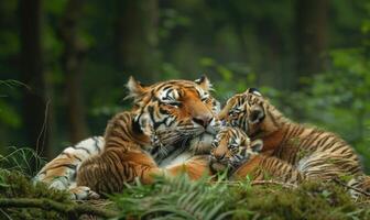 siberian tigre com filhotes dentro a floresta foto