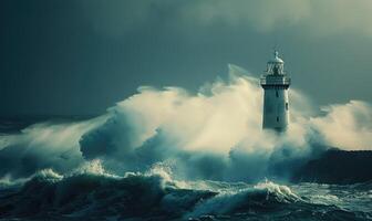 uma farol em pé alta contra a pano de fundo do uma tormentoso oceano foto