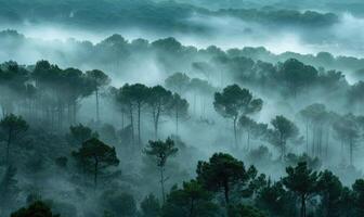 uma enevoado manhã dentro a pinho floresta, natureza fundo foto