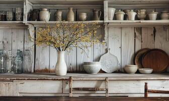 a velho casa de fazenda cozinha com uma simples esmalte vaso com amarelo selvagem flores foto