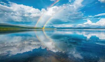 uma vibrante arco Iris alongamento através a céu depois de uma passagem chuva chuveiro foto