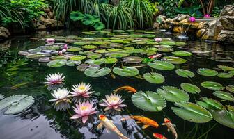 uma jardim lagoa adornado com koi peixe natação entre água lírios e exuberante vegetação foto