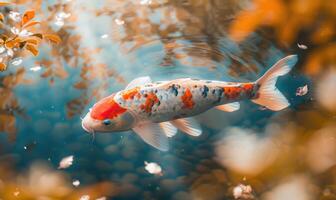 fechar-se do uma koi peixe planador através a Claro águas do uma lagoa foto