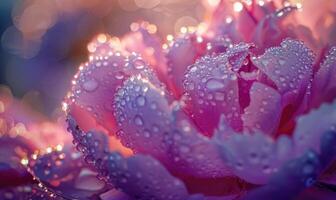 fechar-se do uma peônia flor com gotas de orvalho espumante dentro a manhã luz foto
