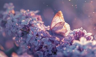 fechar-se do uma borboleta em repouso em lilás flores foto