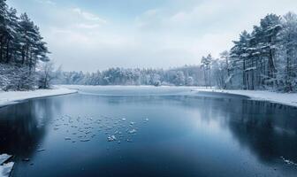uma inverno panorama com uma congeladas lago e coberto de neve floresta foto
